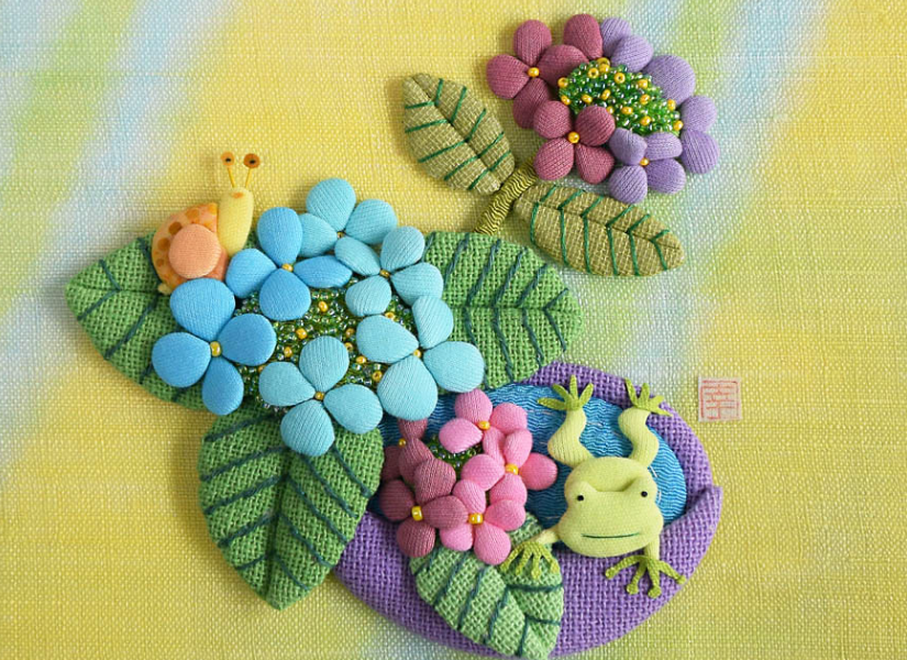 紫陽花、蛙、カタツムリ